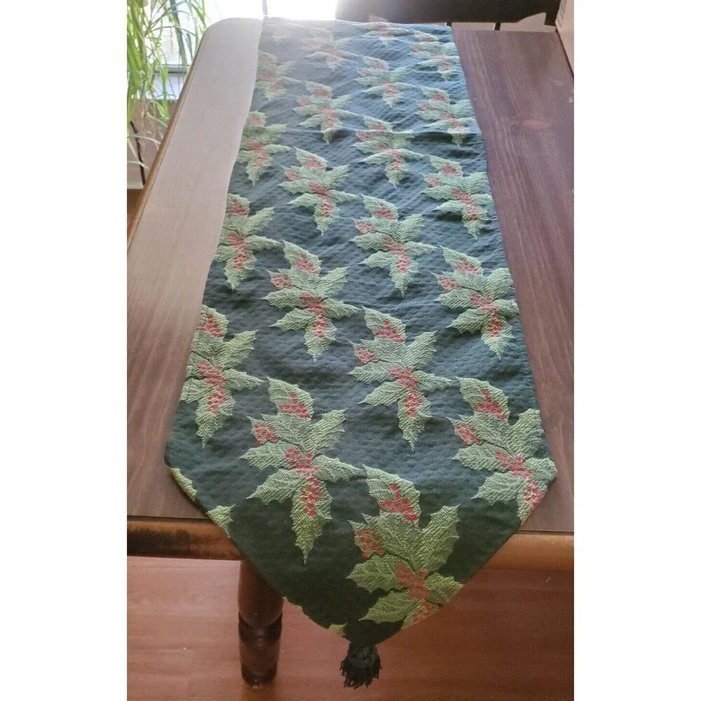 Table Runner Holly Tapestry Green Red Tassles 12